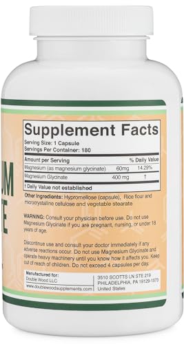 Magnesium Glycinate 400mg, 180 Capsules (Vegan Safe, Third Party Tested, Gluten Free, Non-GMO) High Absorption Magnesium by Double Wood Supplements